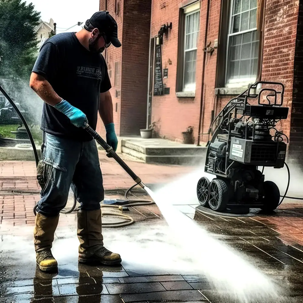 Man in cap cleaning street with highpressure water