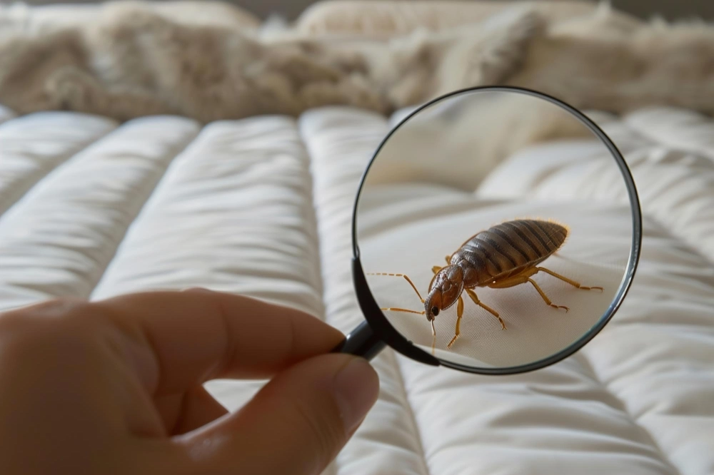 A bug is looking through a magnifying glass on a bed