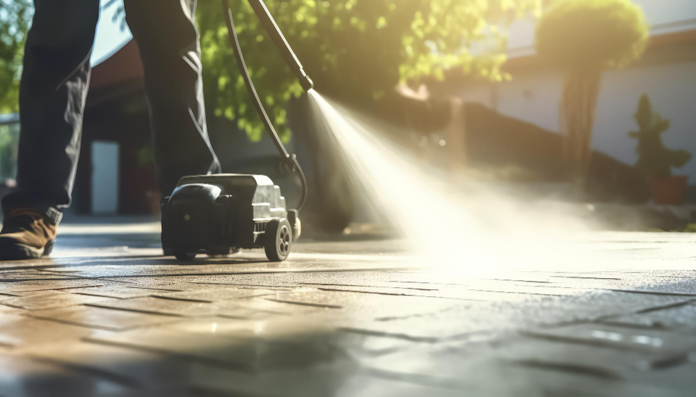 Road services wash the road asphalt by pouring a stream of water