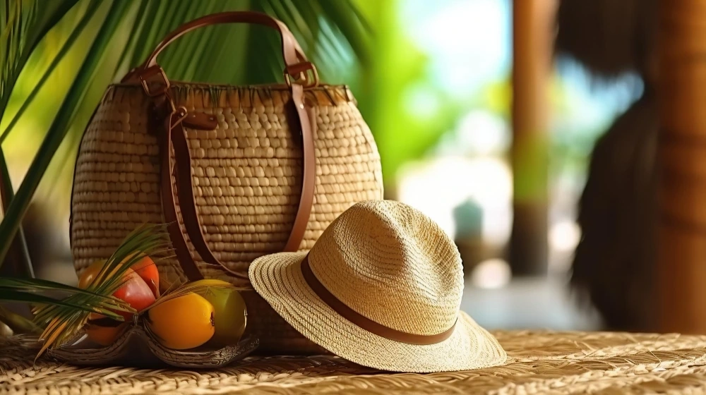 straw bag and hat