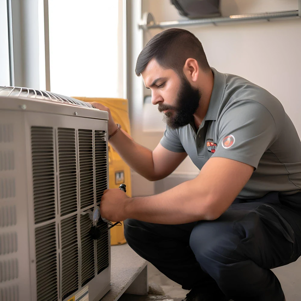 technician repairing an air conditioner in his office