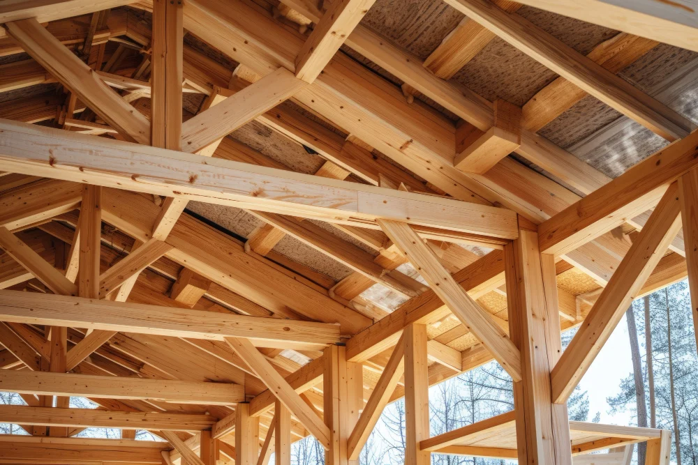 Wooden roof with beams