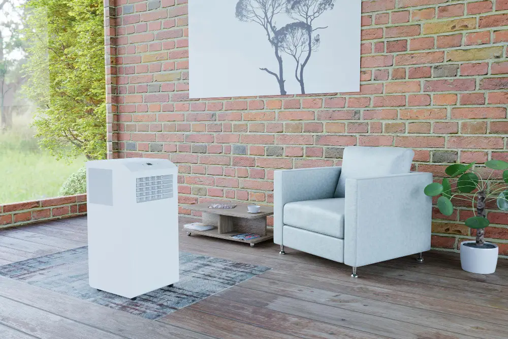 air conditioner in a room with a window and armchairs