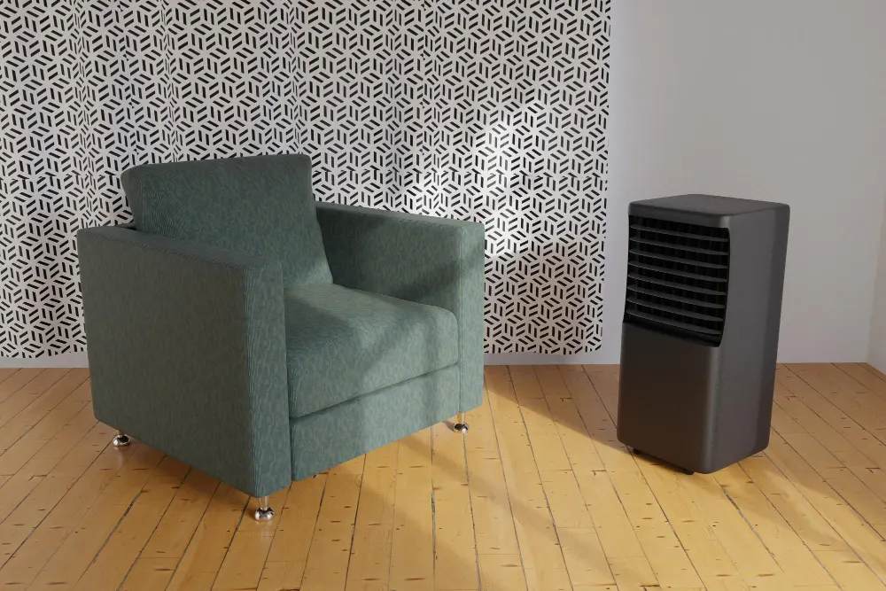 air conditioner next to the green armchair