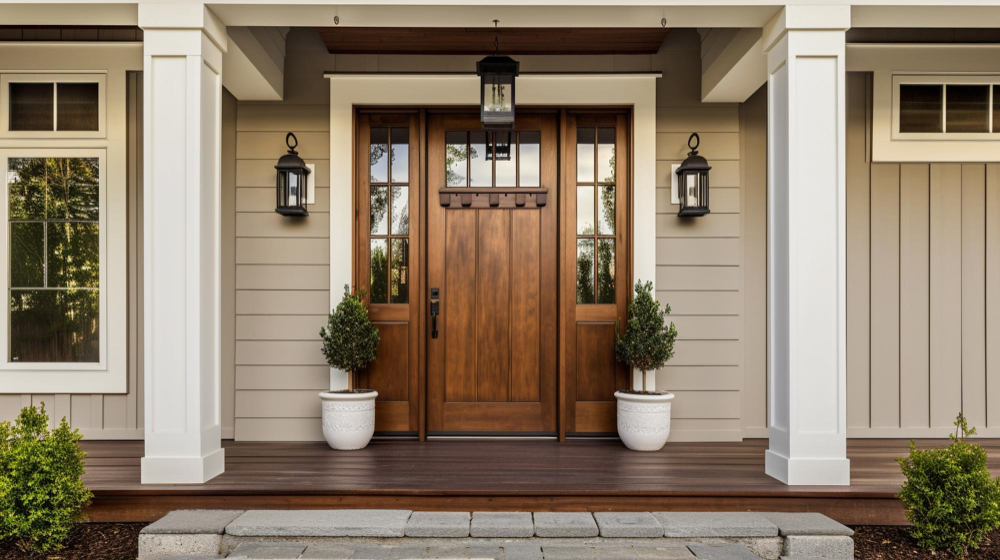 Front door of new home exterior solid wood door